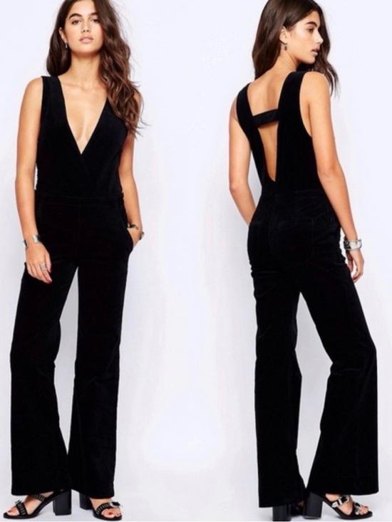 Free People Pants - Free People Until Sunrise Black Velvet Flare Leg Jumpsuit Sz 2